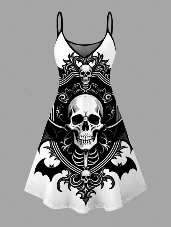 Halloween Gothic Couple Outfit Skulls Bat Printed Spaghetti Strap Mini Dress and Shirt Set - Noir S | US 4