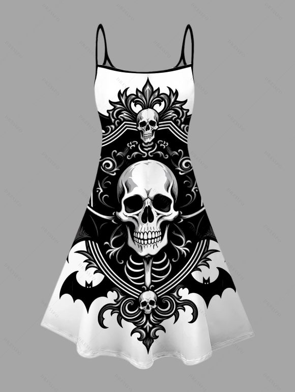 Halloween Gothic Couple Outfit Skulls Bat Printed Spaghetti Strap Mini Dress and Shirt Set - Noir S | US 4