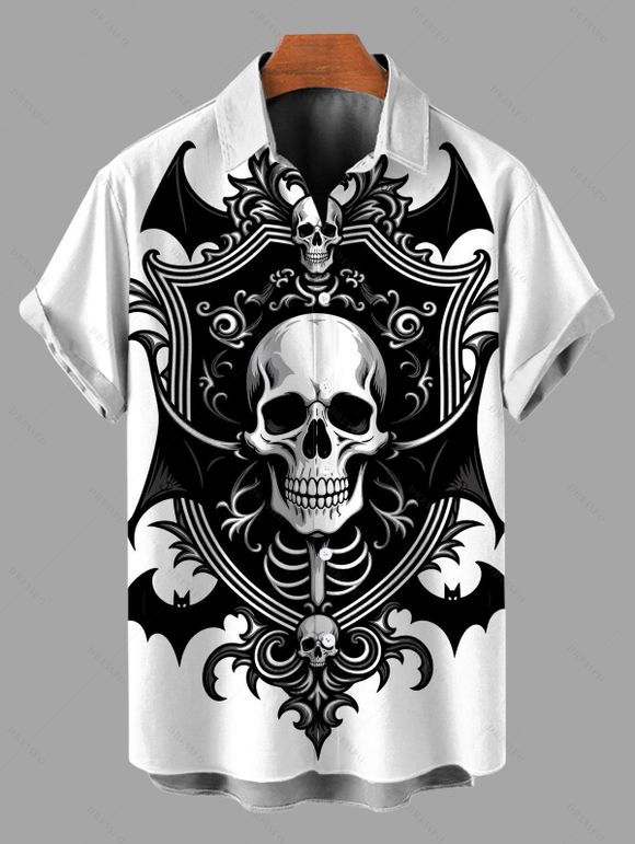 Halloween Gothic Couple Outfit Skulls Bat Printed Spaghetti Strap Mini Dress and Shirt Set - Noir S | US 4