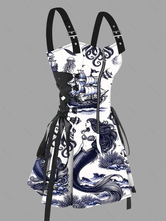 Vintage Couple Outfit Ocean Mermaid Pirate Octopus Print Buckle Strap Half Zipper Lace Up Mini Dress and Shirt Set - Bleu de Minuit S | US 4