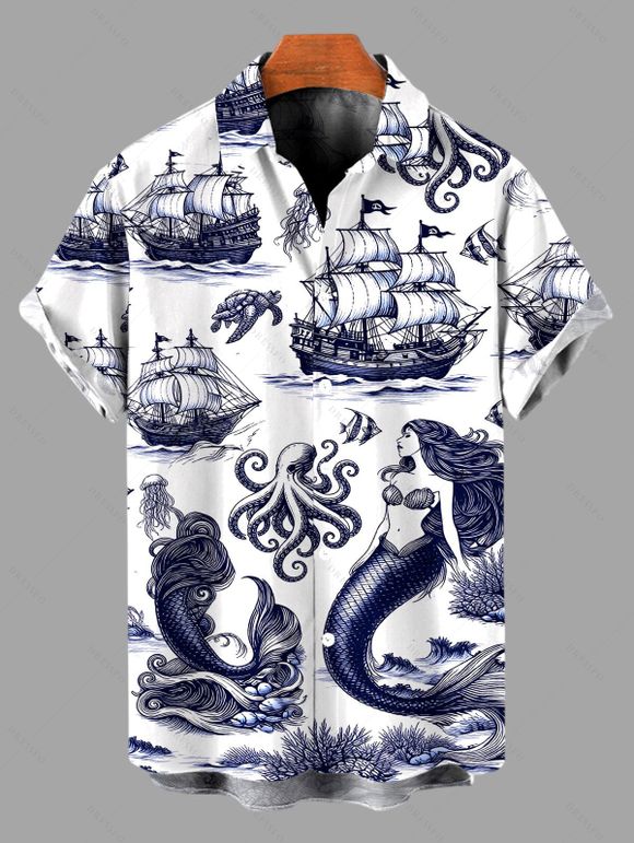 Vintage Couple Outfit Ocean Mermaid Pirate Octopus Print Buckle Strap Half Zipper Lace Up Mini Dress and Shirt Set - Bleu de Minuit S | US 4
