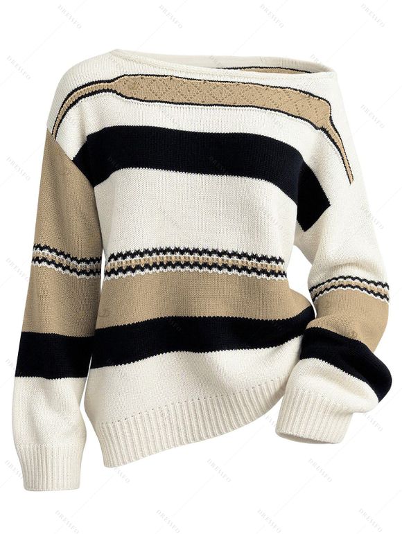 Autumn Women Outfit Colorblock Striped Geometric Hollow Out Skew Neck Sweater and Grommet Buckle Lace Up Leggings Set - multicolor S | US 4