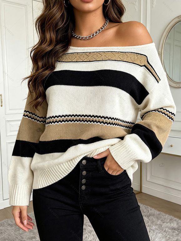 Autumn Women Outfit Colorblock Striped Geometric Hollow Out Skew Neck Sweater and Grommet Buckle Lace Up Leggings Set - multicolor S | US 4