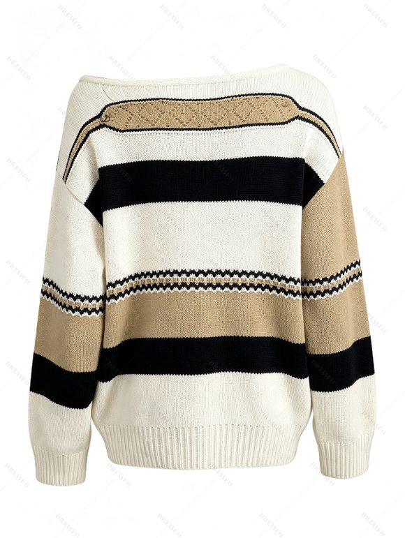 Autumn Women Outfit Colorblock Striped Geometric Hollow Out Skew Neck Sweater and Grommet Buckle Lace Up Leggings Set - multicolor S | US 4