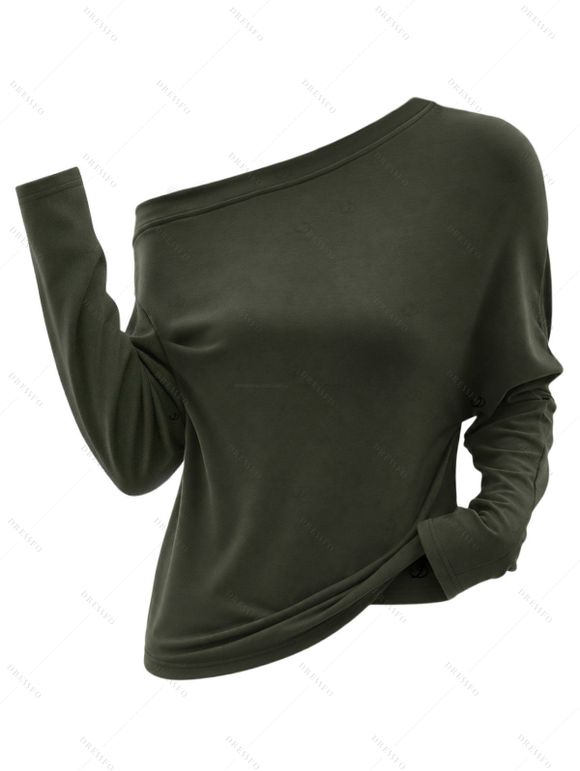 Gothic Women Outfit Solid Color Skew Neck Mock Button Pullover Top and O Ring Zipper Buckle Strap Leggings Set - Vert Armée S | US 4