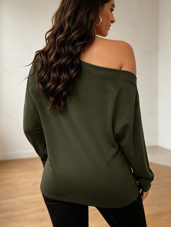 Gothic Women Outfit Solid Color Skew Neck Mock Button Pullover Top and O Ring Zipper Buckle Strap Leggings Set - Vert Armée S | US 4