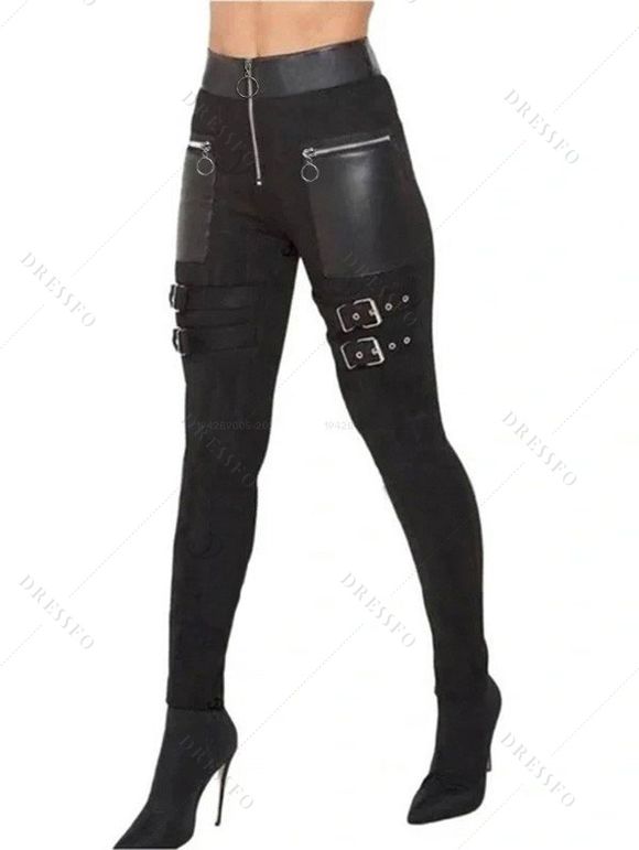 Gothic Women Outfit Solid Color Skew Neck Mock Button Pullover Top and O Ring Zipper Buckle Strap Leggings Set - Vert Armée S | US 4