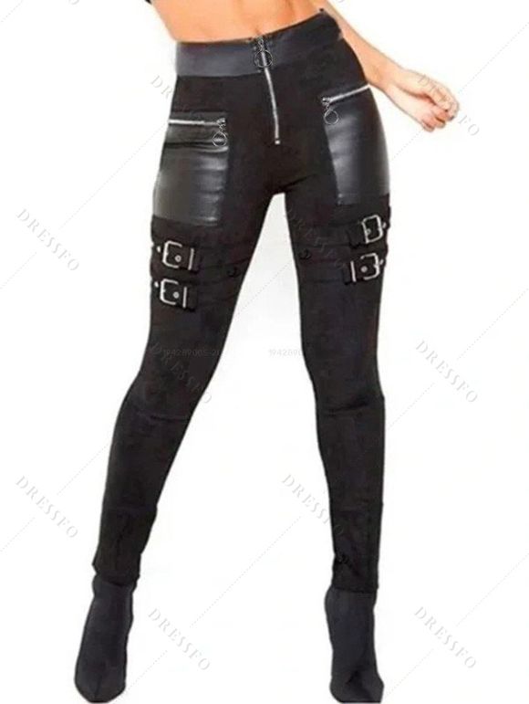 Gothic Women Outfit Solid Color Skew Neck Mock Button Pullover Top and O Ring Zipper Buckle Strap Leggings Set - Vert Armée S | US 4