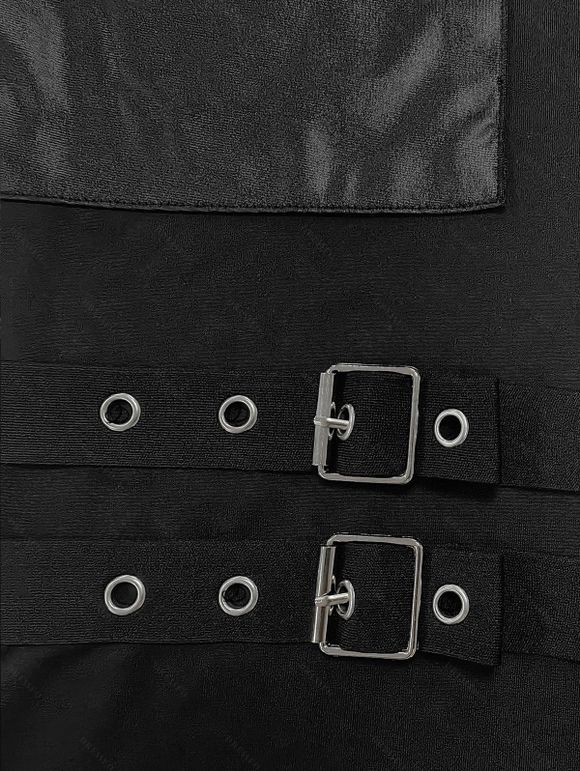 Gothic Women Outfit Solid Color Skew Neck Mock Button Pullover Top and O Ring Zipper Buckle Strap Leggings Set - Vert Armée S | US 4