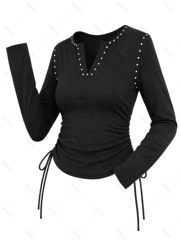 Gothic Women Outfit Rivet V Notched Cinched Solid Color Top and Grommet Buckle Lace Up Leggings Set - Noir S | US 4