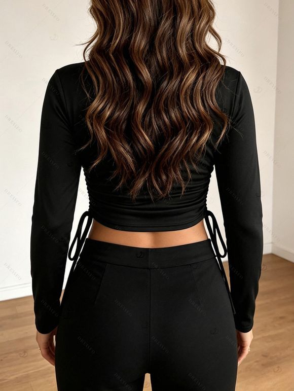Gothic Women Outfit Rivet V Notched Cinched Solid Color Top and Grommet Buckle Lace Up Leggings Set - Noir S | US 4