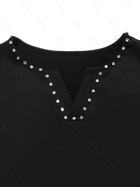 Gothic Women Outfit Rivet V Notched Cinched Solid Color Top and Grommet Buckle Lace Up Leggings Set - Noir S | US 4