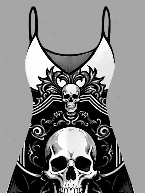Gothic Dress Skulls Bat Printed Spaghetti Strap Mini Dress - Noir XXXXXL | US 20