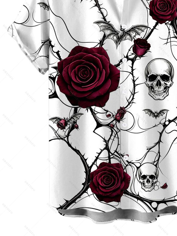 Men's Halloween Gothic Shirt Rose Floral Skulls Bat Thorn Vine Print Button Up Shirt - Blanc 5XL