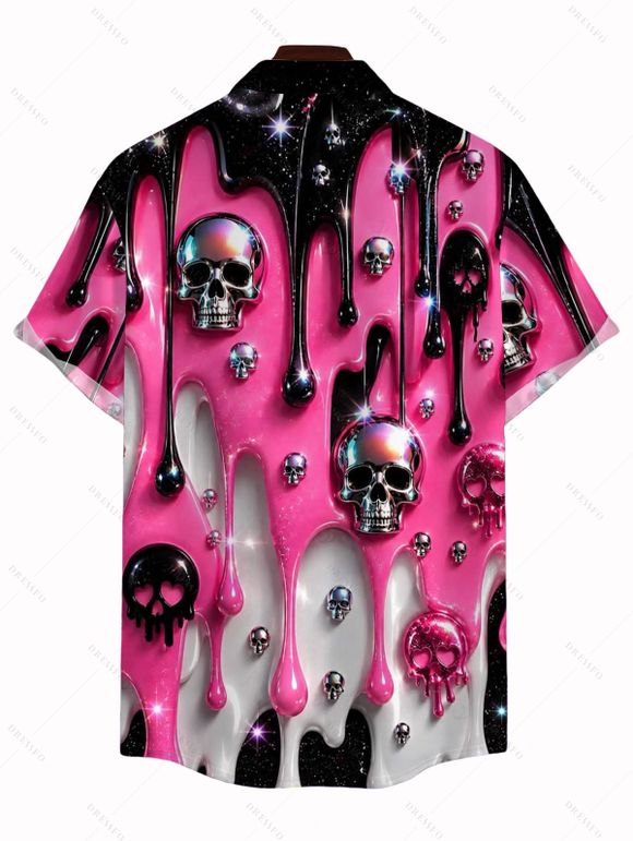 Men's Gothic Shirt Colorblock 3D Molten Lava Skull Print Button Up Shirt - Rouge Rose 5XL
