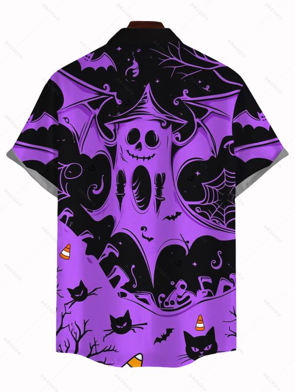 Men's Halloween Gothic Shirt Ghost Black Cat Bat Spider Web Print Button Up Shirt - Pourpre 5XL