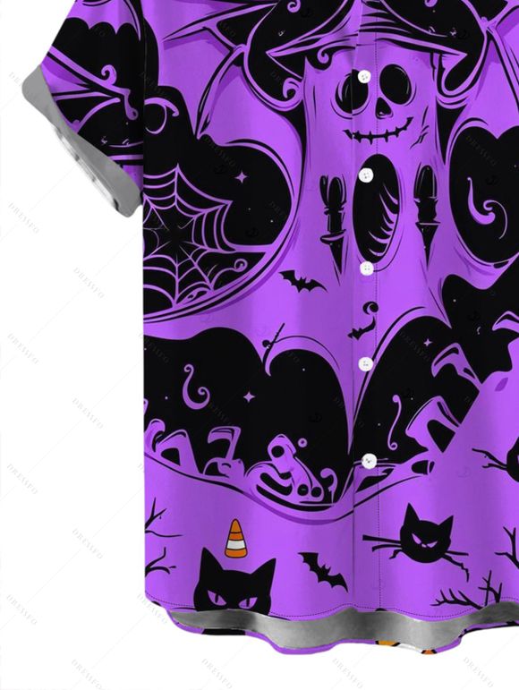 Men's Halloween Gothic Shirt Ghost Black Cat Bat Spider Web Print Button Up Shirt - Pourpre 5XL