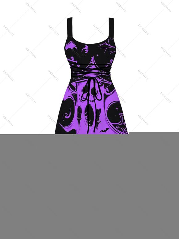 Halloween Gothic Dress Ghost Black Cat Bat Spider Web Print Pocket Square Neck Dress - Pourpre XXL | US 14