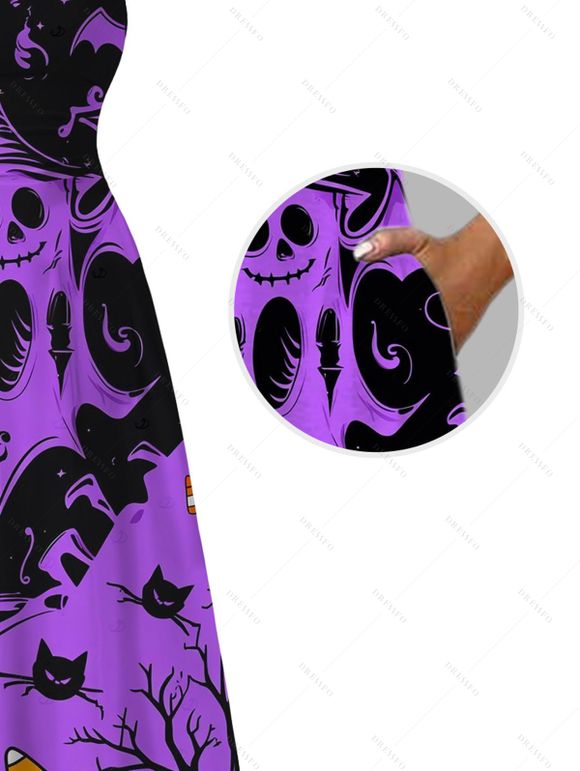Halloween Gothic Dress Ghost Black Cat Bat Spider Web Print Pocket Square Neck Dress - Pourpre XXL | US 14