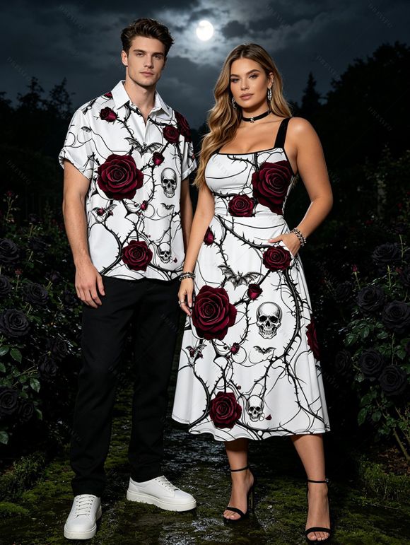 Halloween Gothic Couple Outfit Rose Floral Skulls Bat Thorn Vine Print Pocket Square Neck Dress and Shirt Set - Blanc S | US 4