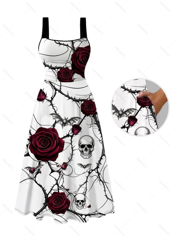 Halloween Gothic Couple Outfit Rose Floral Skulls Bat Thorn Vine Print Pocket Square Neck Dress and Shirt Set - Blanc S | US 4