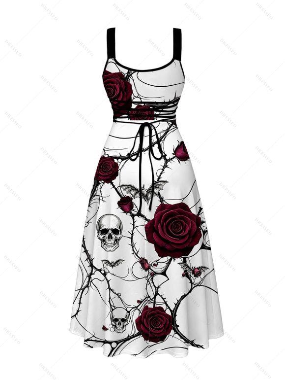 Halloween Gothic Couple Outfit Rose Floral Skulls Bat Thorn Vine Print Pocket Square Neck Dress and Shirt Set - Blanc S | US 4