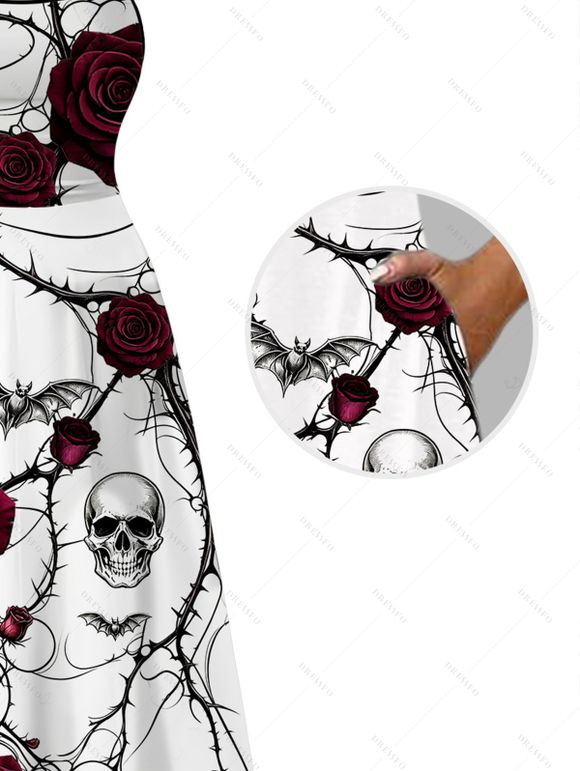 Halloween Gothic Couple Outfit Rose Floral Skulls Bat Thorn Vine Print Pocket Square Neck Dress and Shirt Set - Blanc S | US 4