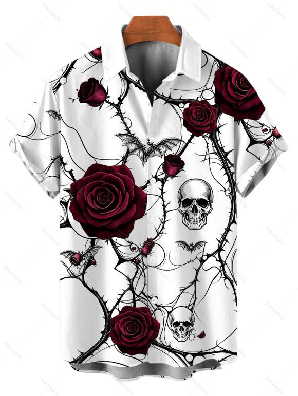 Halloween Gothic Couple Outfit Rose Floral Skulls Bat Thorn Vine Print Pocket Square Neck Dress and Shirt Set - Blanc S | US 4