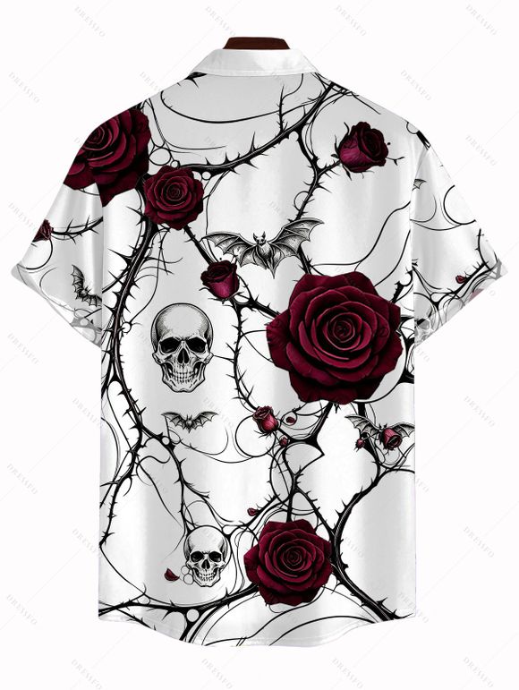 Halloween Gothic Couple Outfit Rose Floral Skulls Bat Thorn Vine Print Pocket Square Neck Dress and Shirt Set - Blanc S | US 4