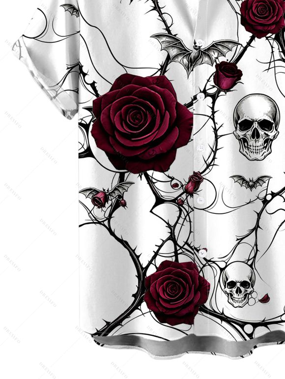 Halloween Gothic Couple Outfit Rose Floral Skulls Bat Thorn Vine Print Pocket Square Neck Dress and Shirt Set - Blanc S | US 4