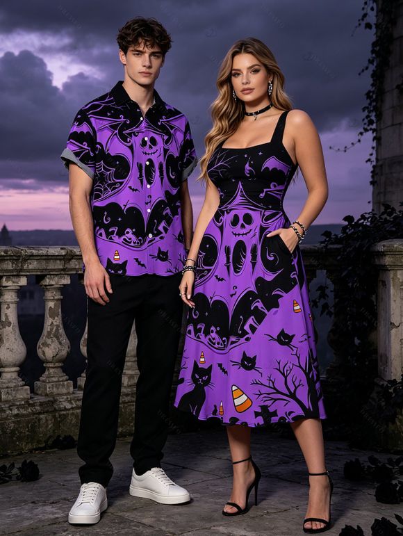 Halloween Gothic Couple Outfit Ghost Black Cat Bat Spider Web Print Pocket Square Neck Dress and Shirt Set - Pourpre S | US 4