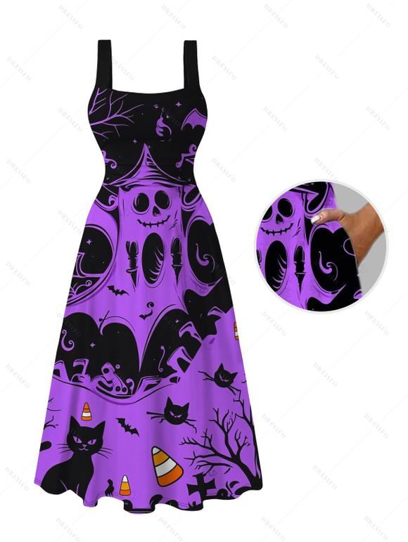 Halloween Gothic Couple Outfit Ghost Black Cat Bat Spider Web Print Pocket Square Neck Dress and Shirt Set - Pourpre S | US 4