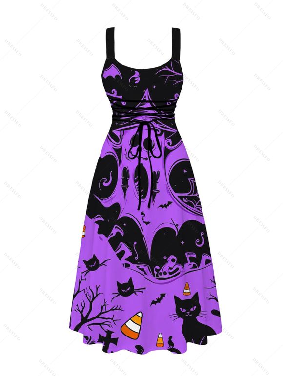 Halloween Gothic Couple Outfit Ghost Black Cat Bat Spider Web Print Pocket Square Neck Dress and Shirt Set - Pourpre S | US 4