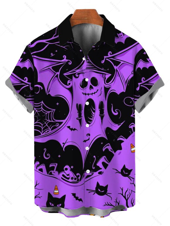 Halloween Gothic Couple Outfit Ghost Black Cat Bat Spider Web Print Pocket Square Neck Dress and Shirt Set - Pourpre S | US 4