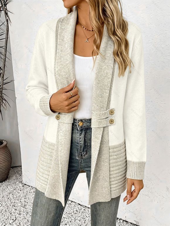 Casual Women Outfit Open Front Colorblock Shawl‑Collar Sweater Grommet Lace Up Leggings and Buckled Slouch Boots Set - Abricot S | US 4