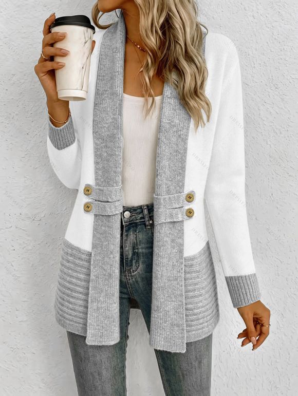 Autumn Women Outfit Open Front Colorblock Shawl‑Collar Sweater Lace Up Leggings and Faux Fur Mid-Calf Boots Set - Gris S | US 4