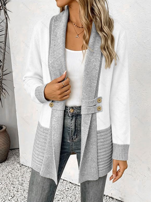 Autumn Women Outfit Open Front Colorblock Shawl‑Collar Sweater Lace Up Leggings and Faux Fur Mid-Calf Boots Set - Gris S | US 4