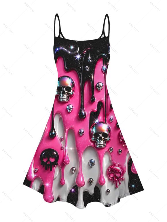 Gothic Dress Colorblock 3D Molten Lava Skull Print Spaghetti Strap Mini Dress - Rouge Rose XXXXXL | US 20
