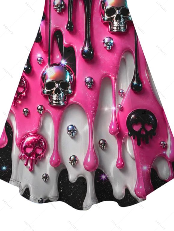 Gothic Dress Colorblock 3D Molten Lava Skull Print Spaghetti Strap Mini Dress - Rouge Rose XXXXXL | US 20