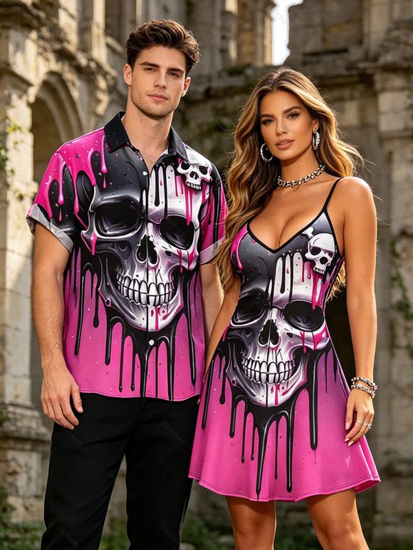 Gothic Couple Outfit Melting Lava Skull Print Spaghetti Strap Mini Dress and Shirt Set - Rouge Rose S | US 4