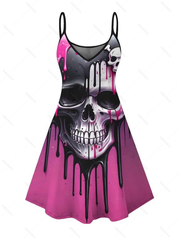 Gothic Couple Outfit Melting Lava Skull Print Spaghetti Strap Mini Dress and Shirt Set - Rouge Rose S | US 4