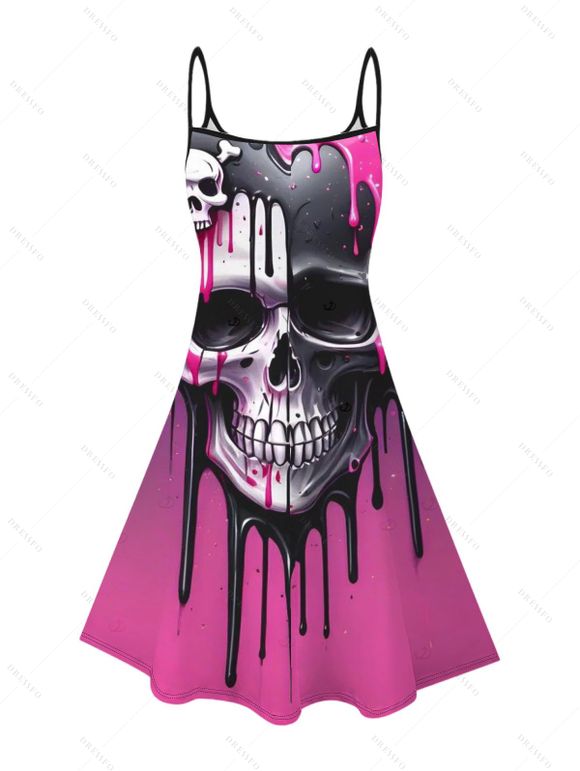 Gothic Couple Outfit Melting Lava Skull Print Spaghetti Strap Mini Dress and Shirt Set - Rouge Rose S | US 4