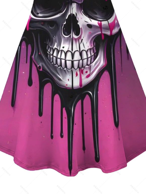 Gothic Couple Outfit Melting Lava Skull Print Spaghetti Strap Mini Dress and Shirt Set - Rouge Rose S | US 4