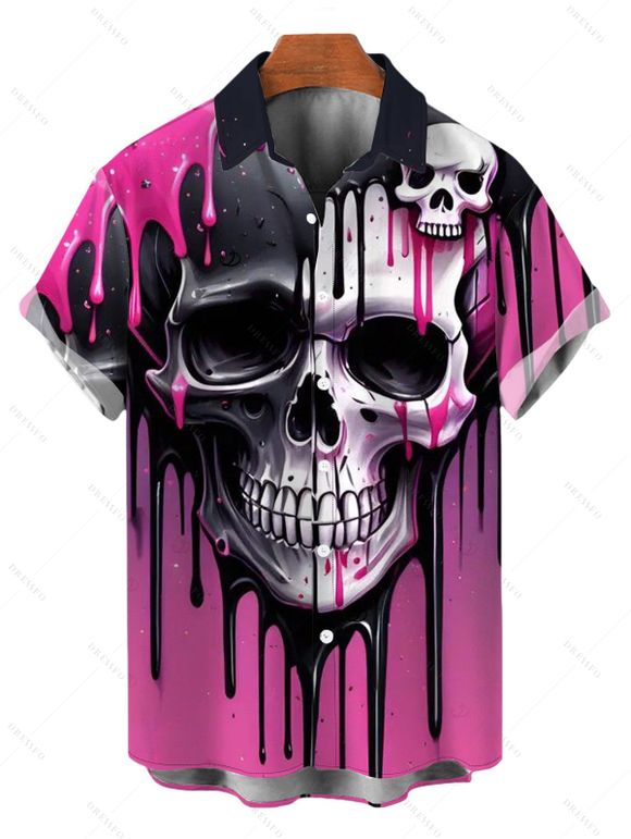 Gothic Couple Outfit Melting Lava Skull Print Spaghetti Strap Mini Dress and Shirt Set - Rouge Rose S | US 4