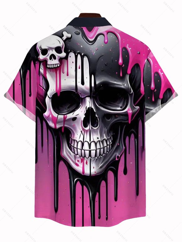 Gothic Couple Outfit Melting Lava Skull Print Spaghetti Strap Mini Dress and Shirt Set - Rouge Rose S | US 4