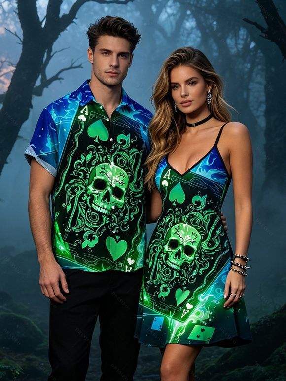 Gothic Couple Outfit Skull Playing Cards Colorblock Flame Print Spaghetti Strap Mini Dress and Shirt Set - multicolor A S | US 4