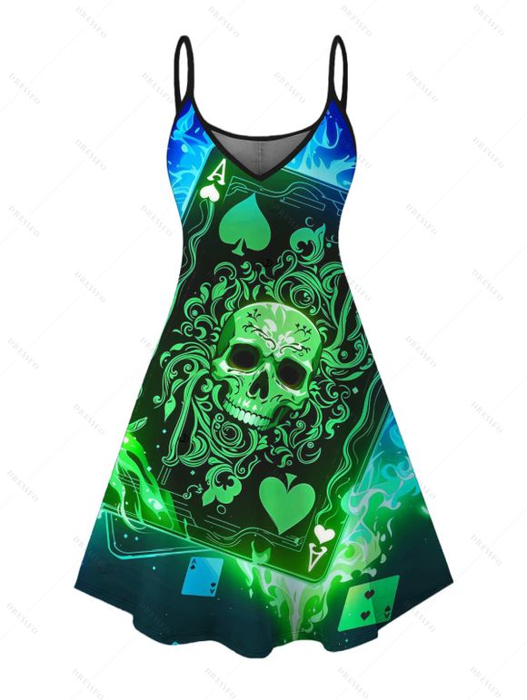 Gothic Couple Outfit Skull Playing Cards Colorblock Flame Print Spaghetti Strap Mini Dress and Shirt Set - multicolor A S | US 4