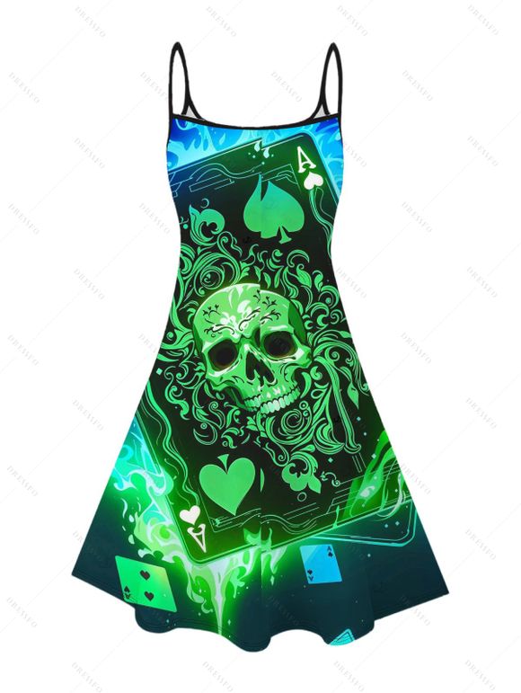 Gothic Couple Outfit Skull Playing Cards Colorblock Flame Print Spaghetti Strap Mini Dress and Shirt Set - multicolor A S | US 4