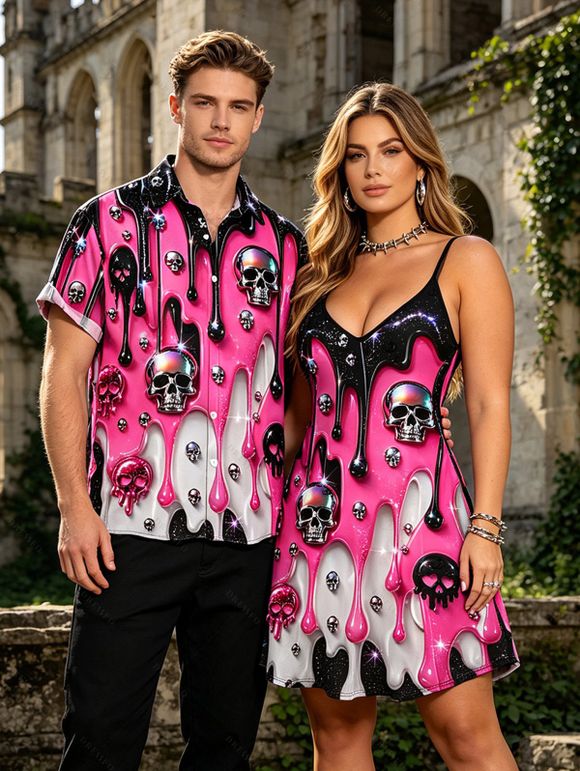 Gothic Couple Outfit Colorblock 3D Molten Lava Skull Print Spaghetti Strap Mini Dress and Shirt Set - Rouge Rose S | US 4