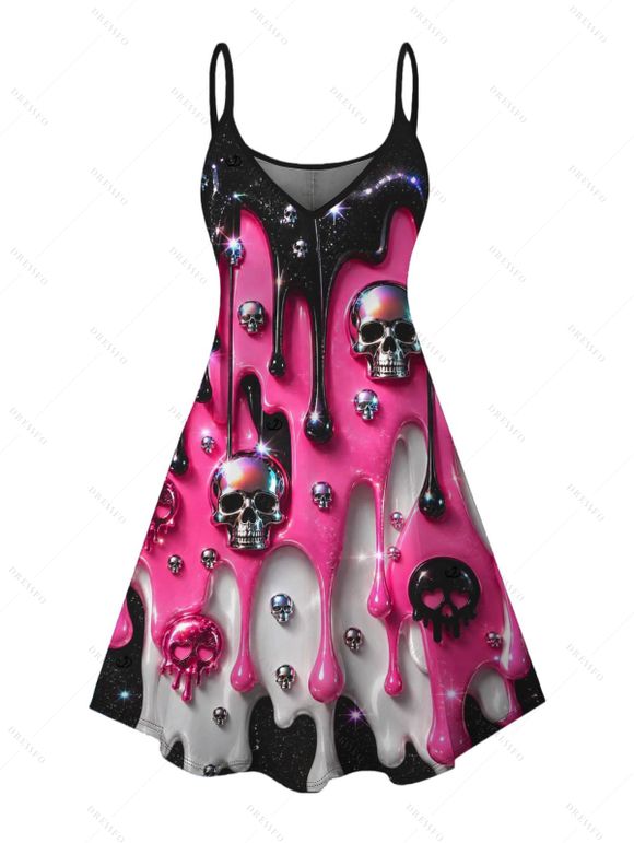 Gothic Couple Outfit Colorblock 3D Molten Lava Skull Print Spaghetti Strap Mini Dress and Shirt Set - Rouge Rose S | US 4